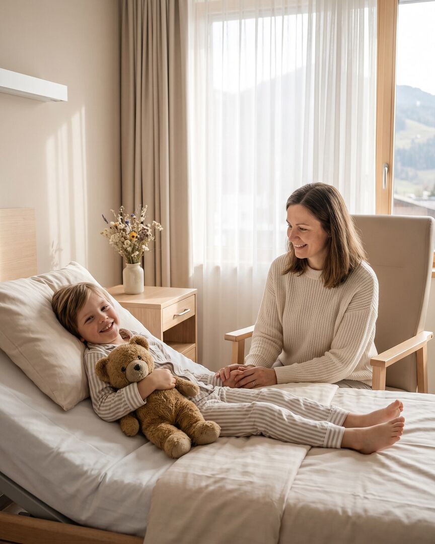 Mutter am Bett ihres Kindes im Einzelzimmer einer Privatklinik (Rooming-in)