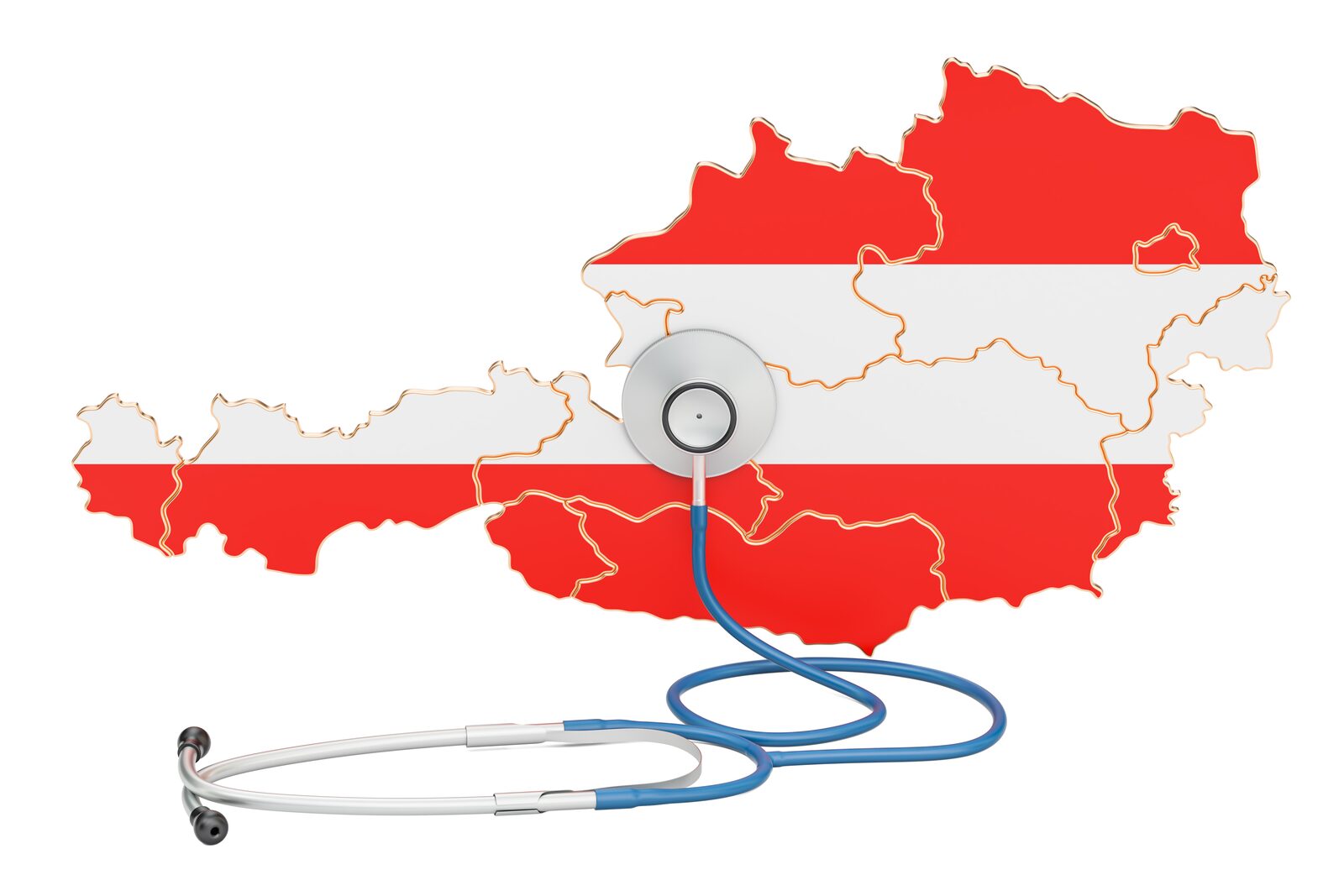 Landkarte Österreichs in Rot-Weiß-Rot mit den Bundesländergrenzen und einem Stethoskop