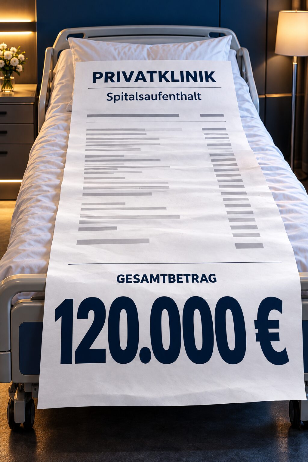 Spitalsbett in einem Privatklinik-Zimmer, darauf eine überlange Rechnung mit dem Gesamtbetrag 120.000 €