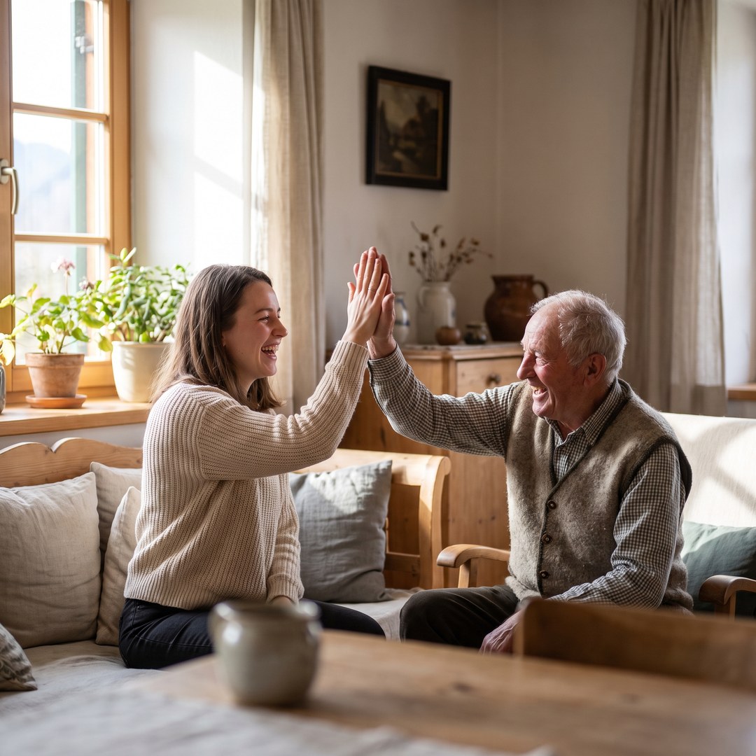 Junge Frau und älterer Mann geben sich ein High-Five
